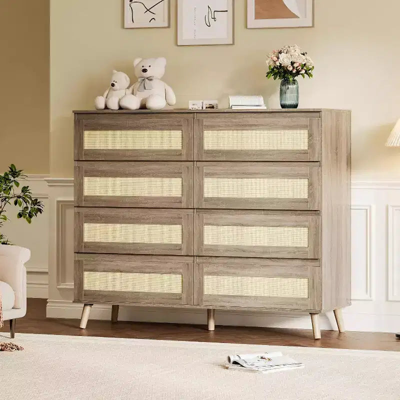 Cassettiera in rattan a 8 cassetti, mobile contenitore in legno con finitura naturale