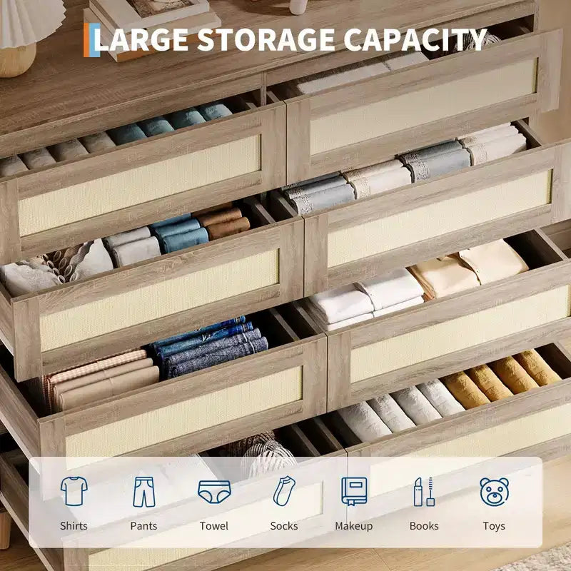 Cassettiera in rattan a 8 cassetti, mobile contenitore in legno con finitura naturale