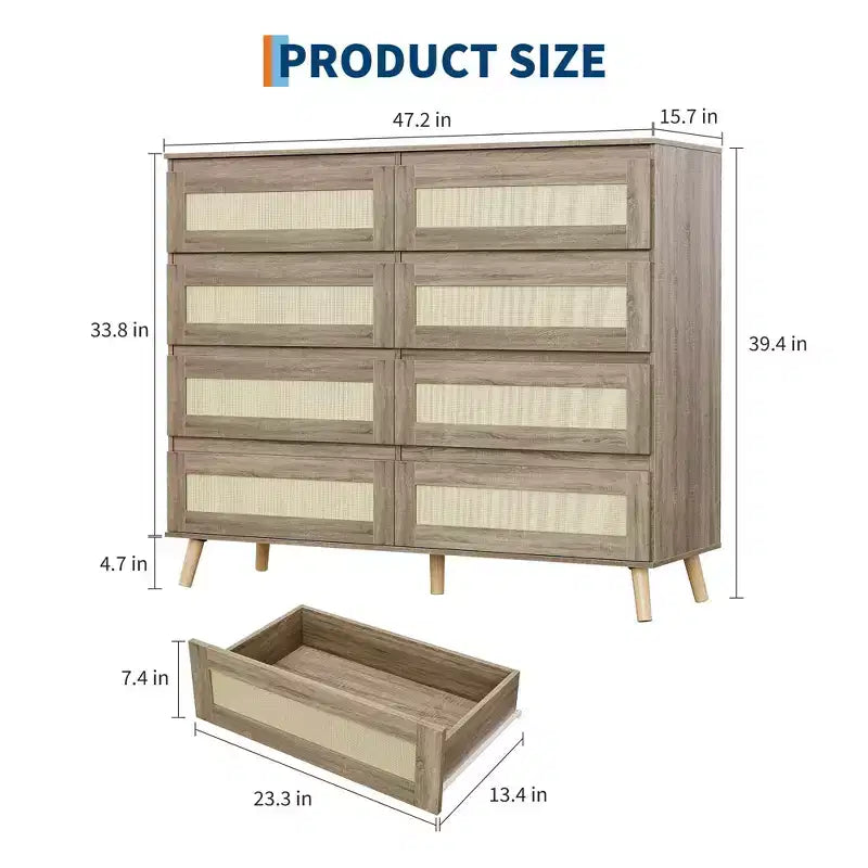Cassettiera in rattan a 8 cassetti, mobile contenitore in legno con finitura naturale