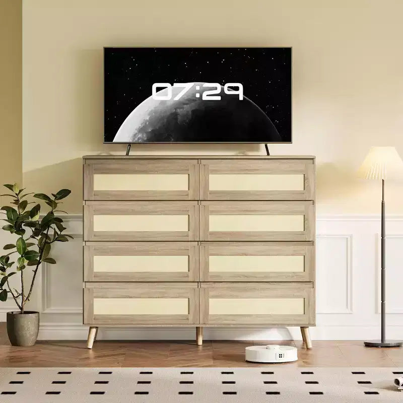 Cassettiera in rattan a 8 cassetti, mobile contenitore in legno con finitura naturale