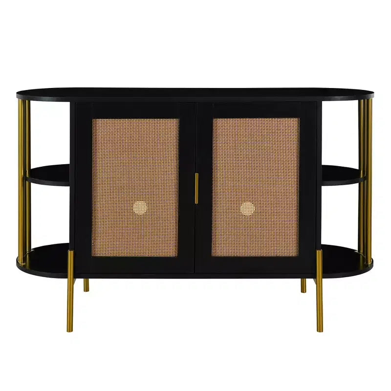 2-Door Curved Sideboard with Gold Trim & Woven Door Buffet Storage, Black