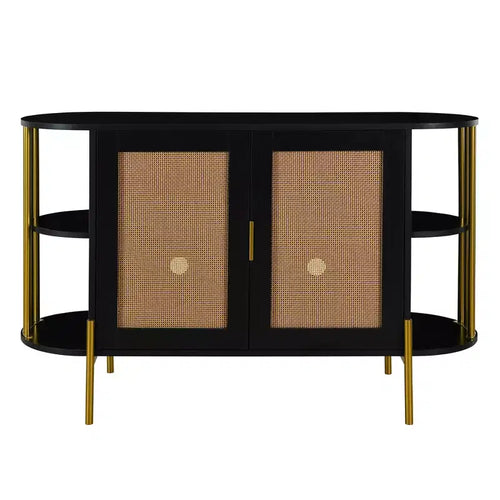 Credenza a 2 ante curve con bordo dorato e buffet portaoggetti con ante intrecciate, nera