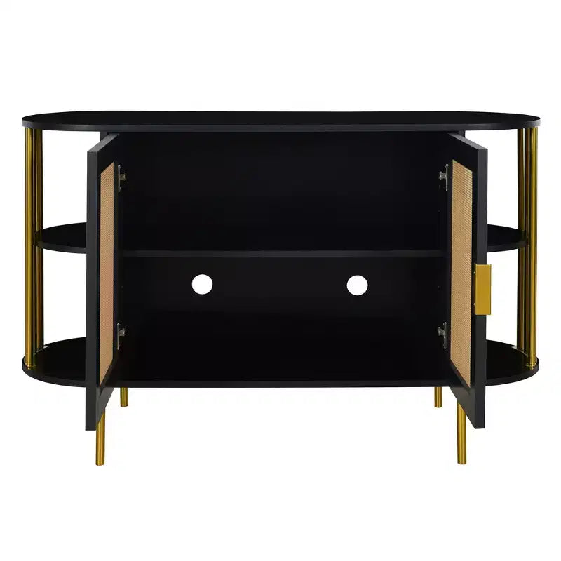 2-Door Curved Sideboard with Gold Trim & Woven Door Buffet Storage, Black