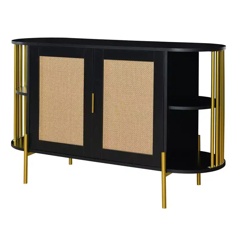 2-Door Curved Sideboard with Gold Trim & Woven Door Buffet Storage, Black
