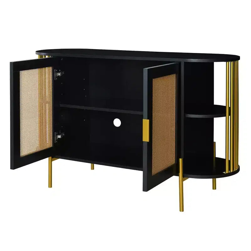 2-Door Curved Sideboard with Gold Trim & Woven Door Buffet Storage, Black