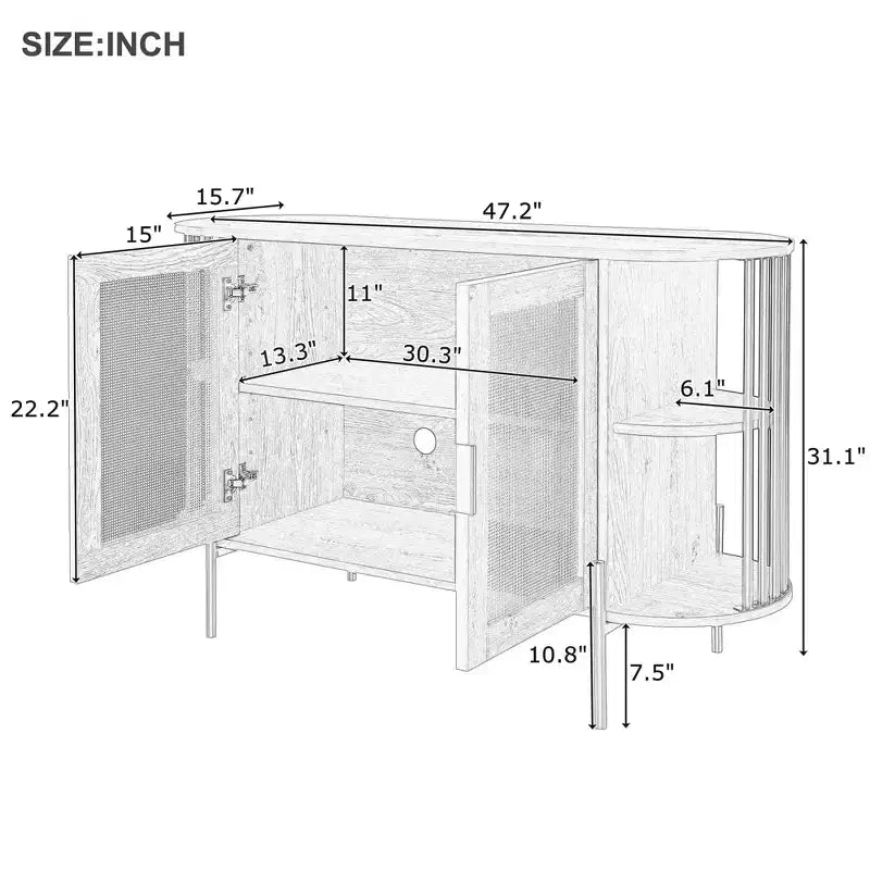 Credenza a 2 ante curve con bordo dorato e buffet portaoggetti con ante intrecciate, nera