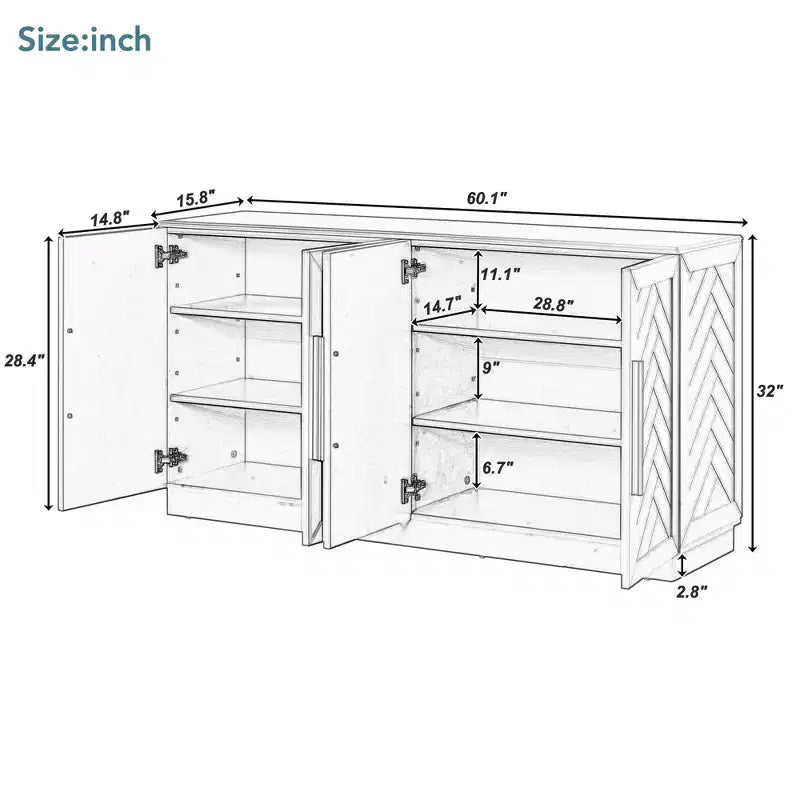 Sideboard Cabinet with Adjustable Shelves & Silver Handles, Antique Blue