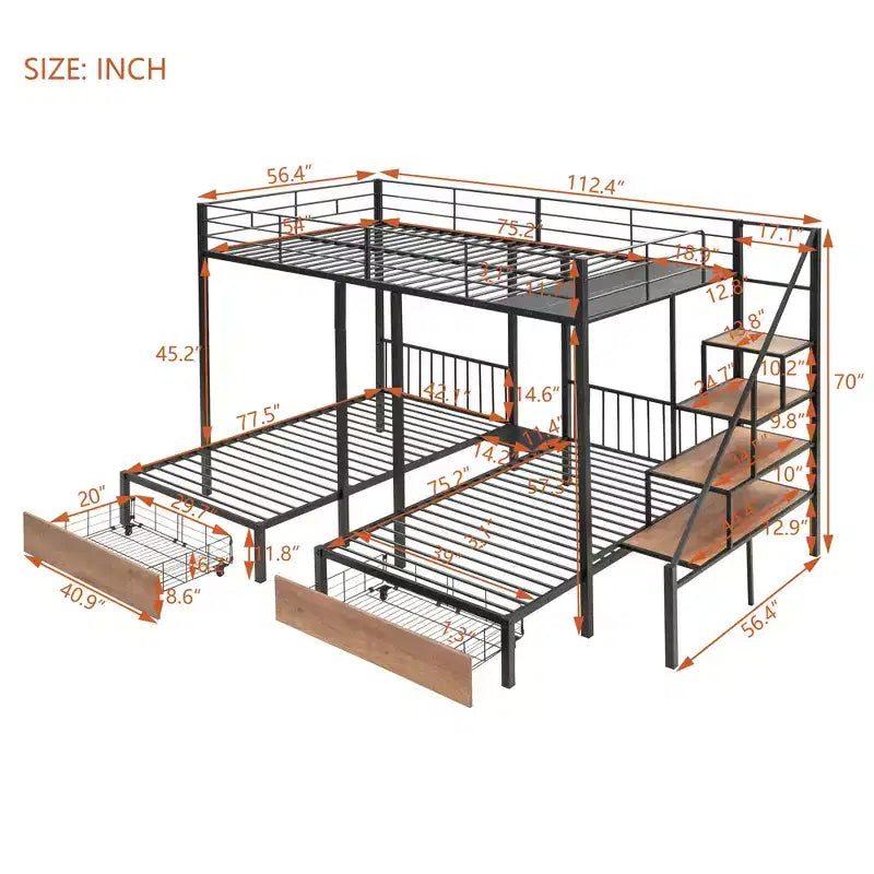 Metal Full over Twin-Twin Triple Bunk Bed with Drawers, Heavy Duty Bunkbeds Frame with Storage Staircase, Black