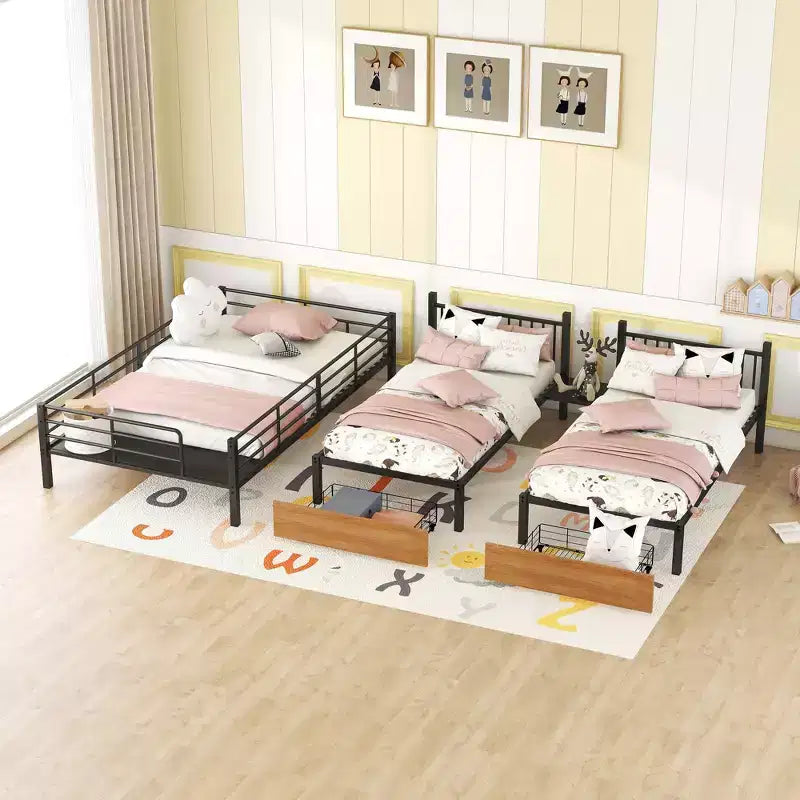 Metal Full over Twin-Twin Triple Bunk Bed with Drawers, Heavy Duty Bunkbeds Frame with Storage Staircase, Black