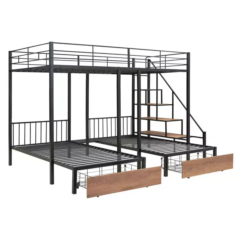 Metal Full over Twin-Twin Triple Bunk Bed with Drawers, Heavy Duty Bunkbeds Frame with Storage Staircase, Black