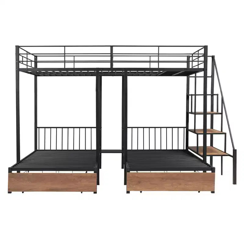 Letto a castello triplo in metallo Full over Twin-Twin con cassetti, telaio a castello resistente con scala di stoccaggio, nero